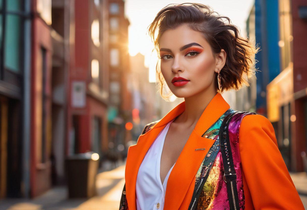 A stylishly dressed young woman radiating confidence, standing in front of a vibrant cityscape, showcasing her edgy yet chic outfit. Her makeup is effortlessly youthful, accentuated with bold colors. Surround her with elements of fashion like accessories and makeup tools sparking creativity, symbolizing allure and youthfulness. Soft sunlight enhances the scene, casting a warm glow. super-realistic. vibrant colors. urban background.